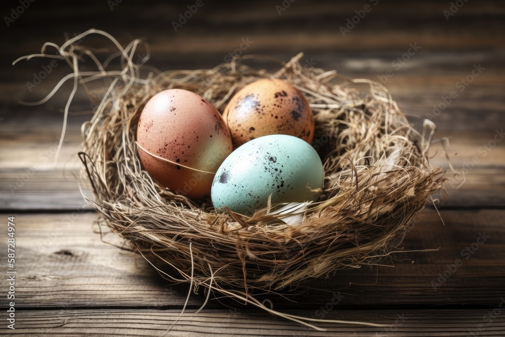 three eggs in a nest on a rustic wooden table. Generative AI