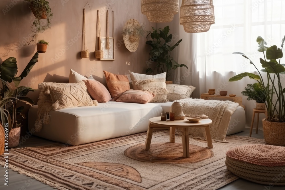 Side view of warm boho living room with cushions on white couch or sofa, plaid and carpet beneath wa