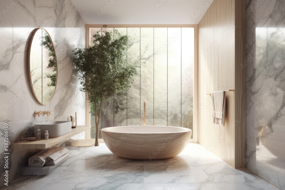 A huge round tub, marble walls, and a tiled wall fragment can be seen in this bathrooms interior. a