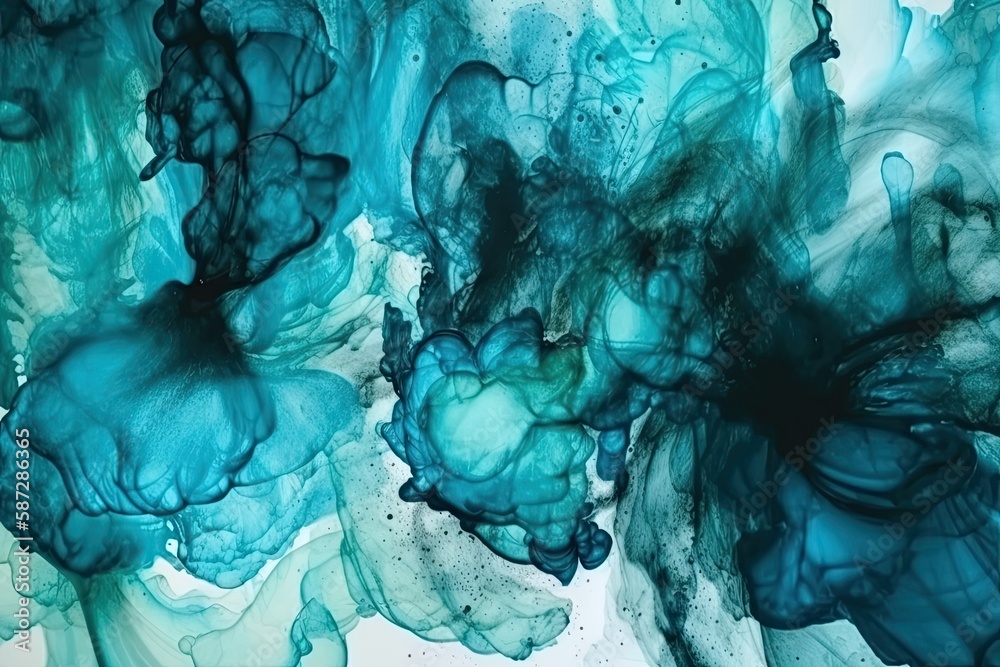 Abstract blue and green ink swirling in water. Generative AI