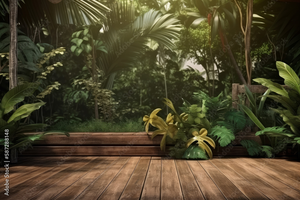 Wooden floor with tropical background. Illustration AI Generative.