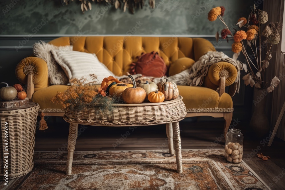 Vintage living room closeup. Sofa, autumn themed rattan table. Boho chic, autumn decor,. Generative 