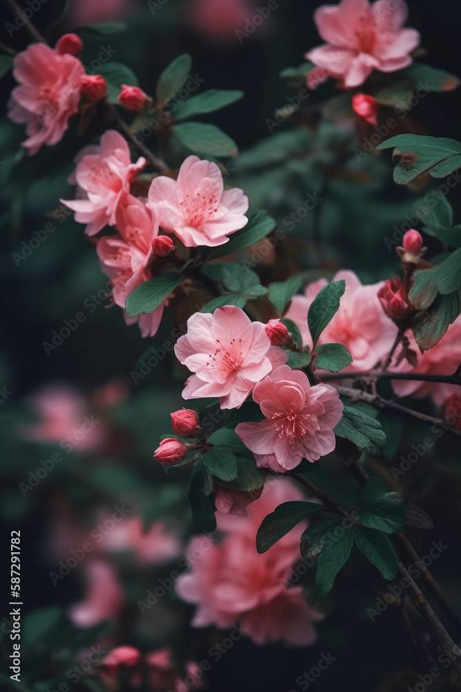 Pink flowers on tree. Illustration AI Generative.