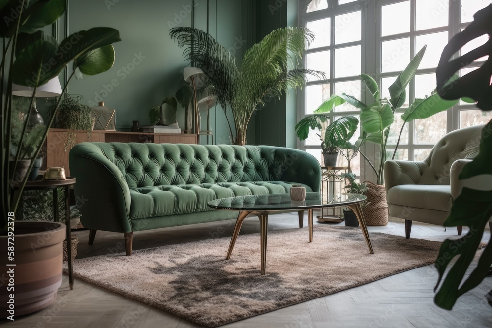 Living room with design couch, seats, glass table, carpet, and live monstera in a pot. Portrait. Bel