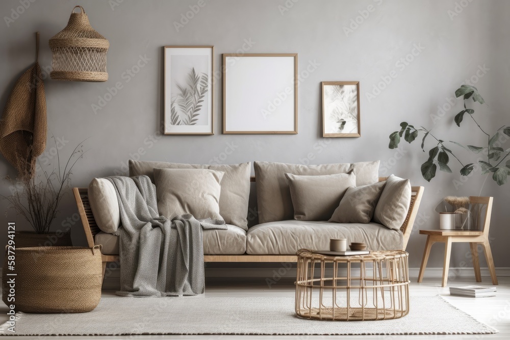 Minimalist living room with gray couch, newspaper holder, macrame, plaid, cushions, mock up poster f