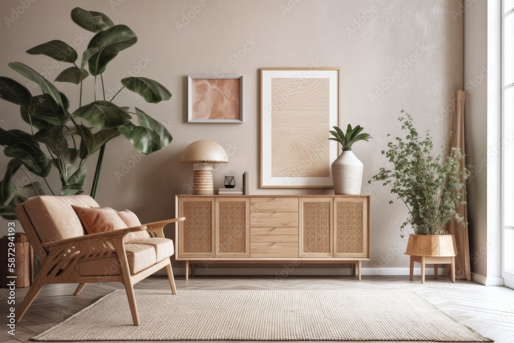 Modern beige living room with imitation poster frame, wooden sideboard, plant, and boho decorations.