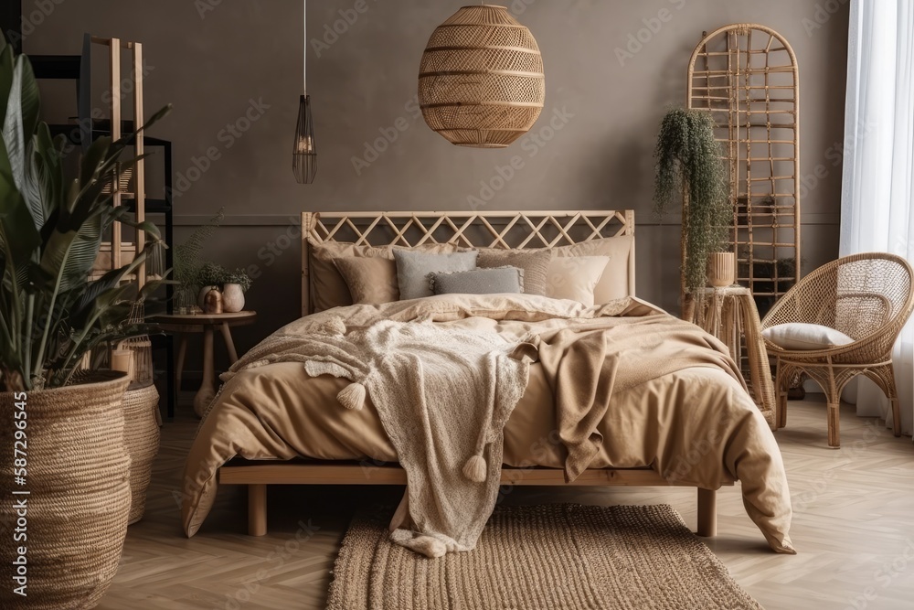 Close up of a mock up of a modern Scandinavian timber bedroom with dark toned rattan furniture, a do