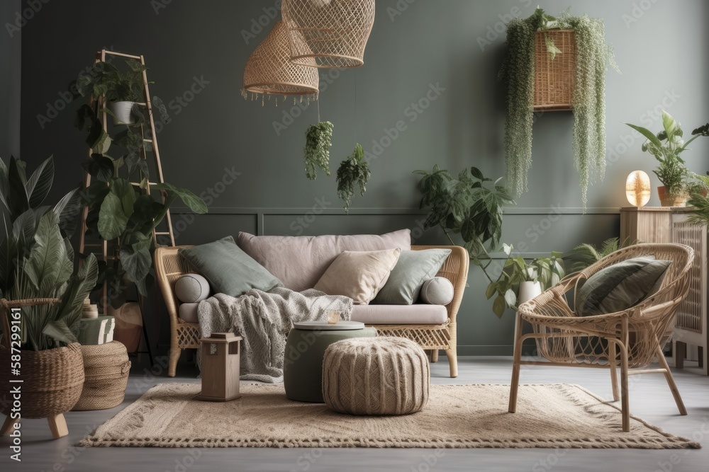 Gray couch, rattan armchair, cube, plaid, cushions, tropical plants, macrame, and stylish decoration