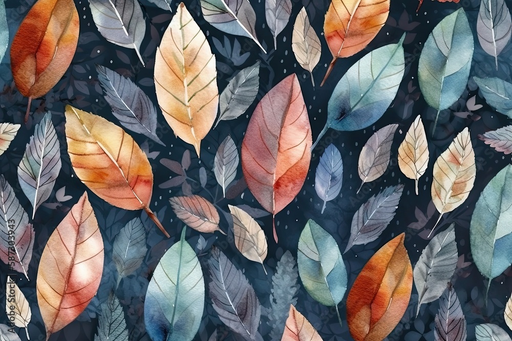 watercolor leaves on a dark background. Generative AI