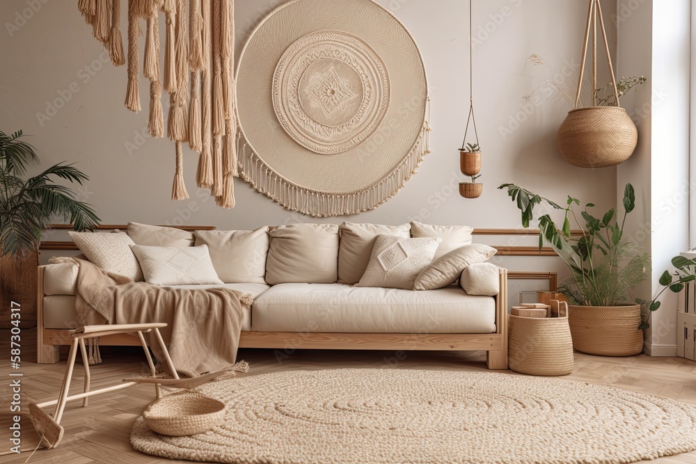 Modern beige living room with macrame sofa and wicker circular mat. Cottage interior. Generative AI