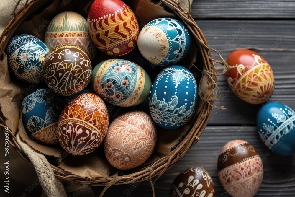 basket overflowing with vibrantly painted Easter eggs. Generative AI