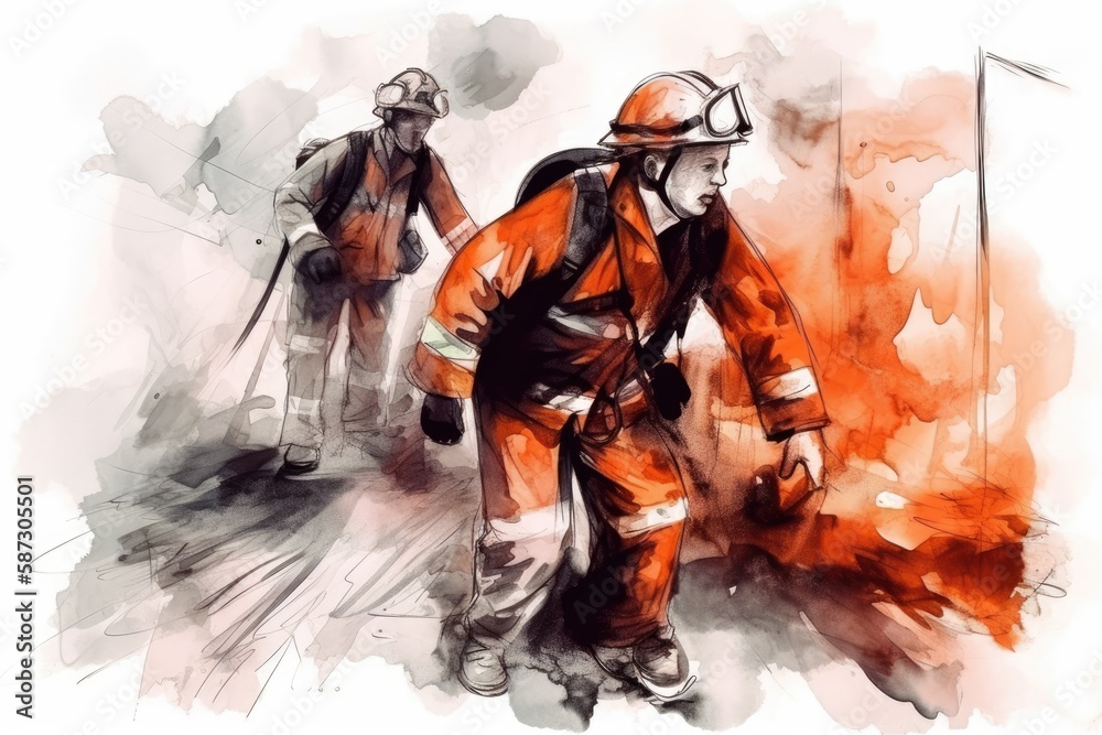 firefighters marching across a city street in full gear. Generative AI