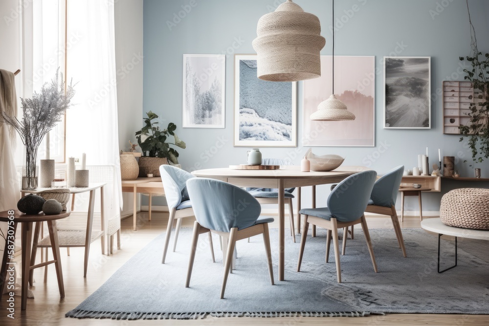 Pastel blue chairs at round wooden table in white dining room with Handmade posters. Generative AI