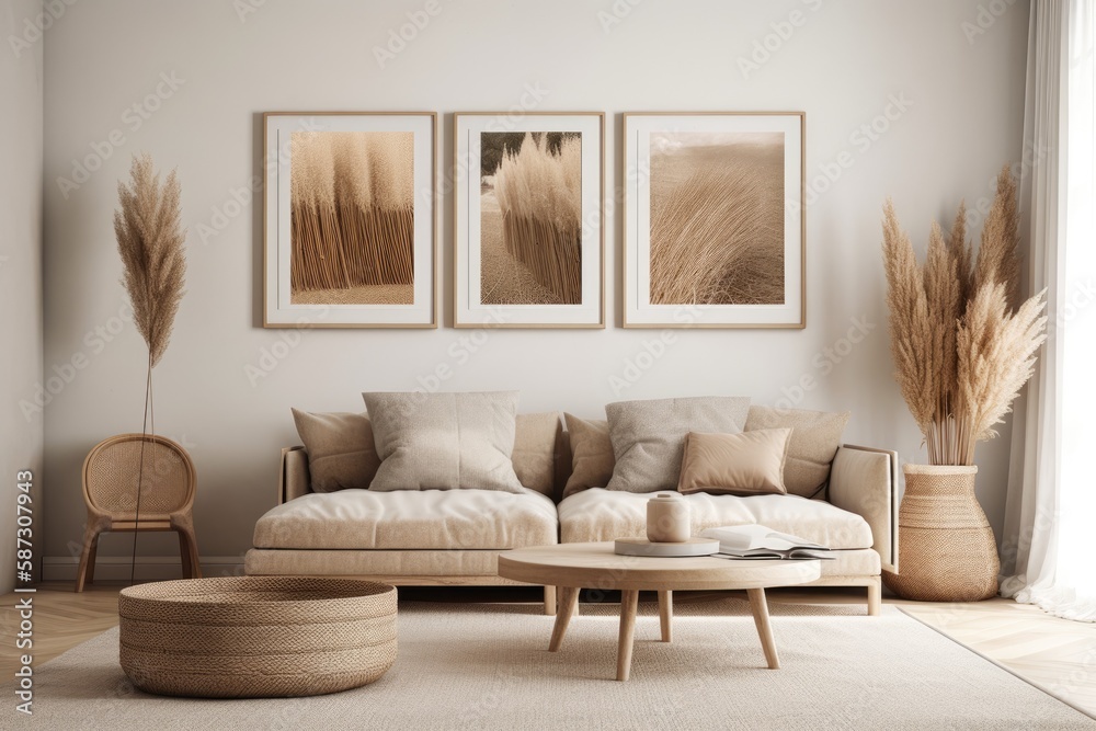 Two wooden vertical frames mockup in living room interior with gray couch, beige cushion, dried Pamp