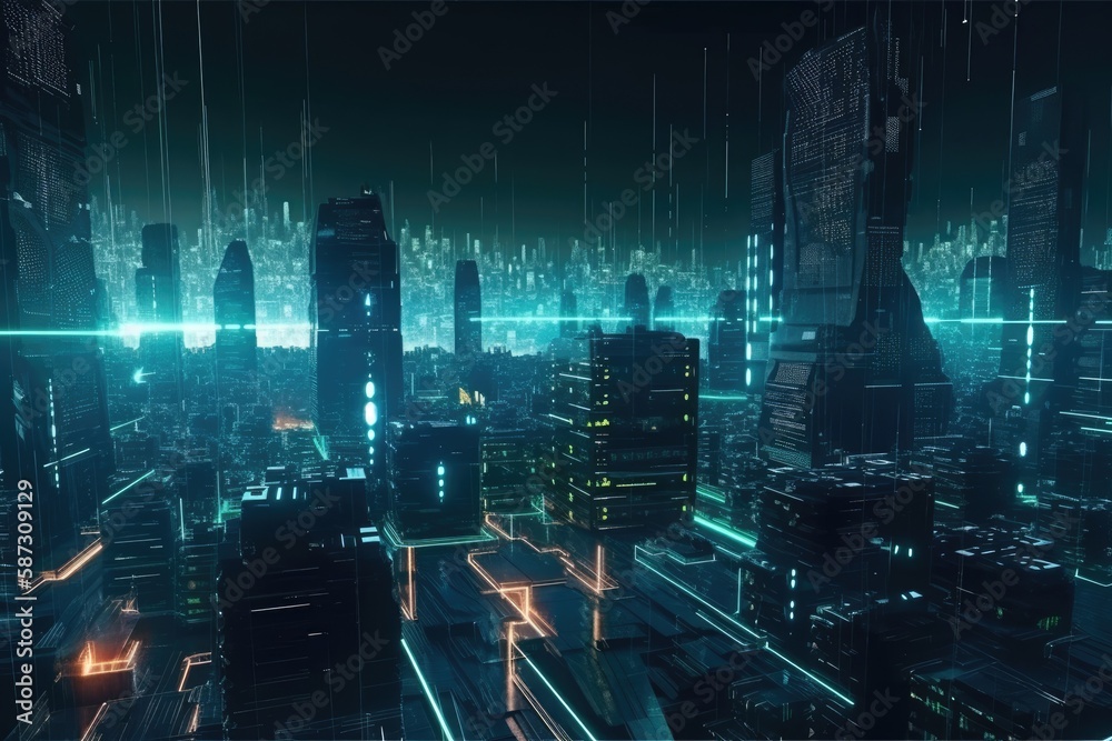 futuristic cityscape with vibrant neon lights illuminating the night sky. Generative AI