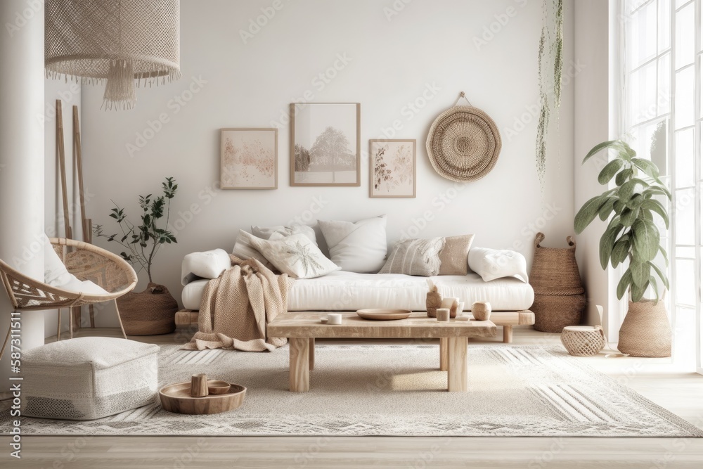 Scandi Boho room mockup, soft pastel hues. Generative AI