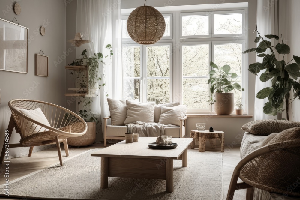 Scandinavian home design, light living room with neutral wooden furnishings,. Generative AI