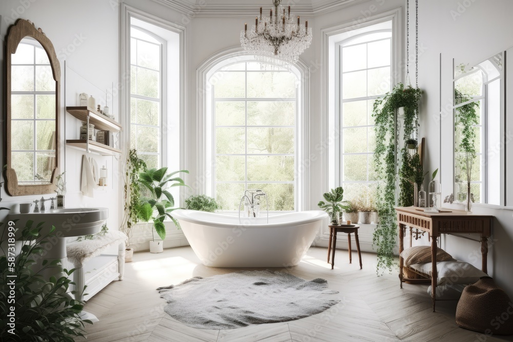 White classic freestanding bathtub, huge windows, contemporary fireplace, and green houseplants in l