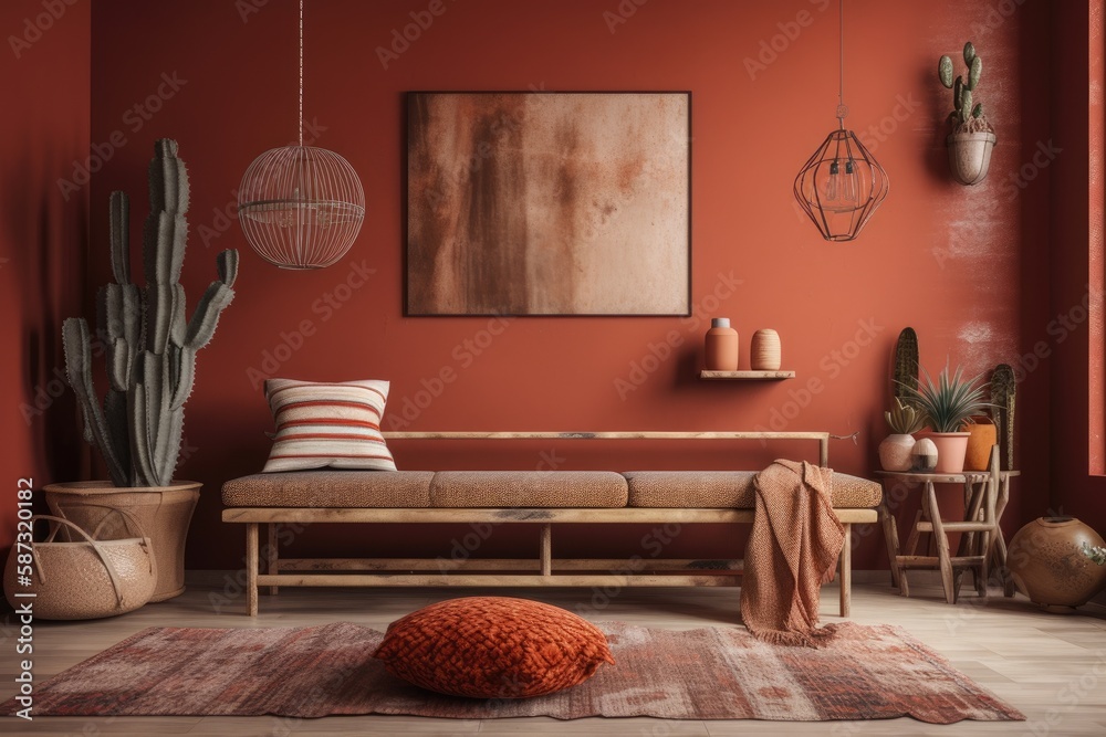 Rustic home interior mockup with bench, chairs, and decor in red room,. Generative AI