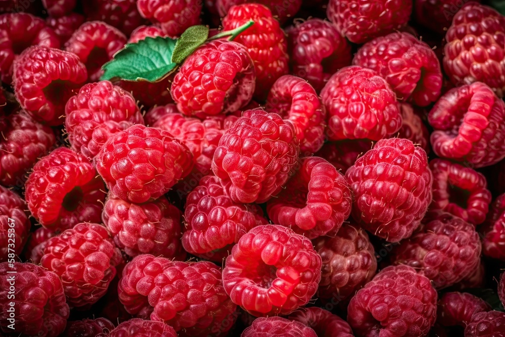 ripe pile of red raspberries with green leaves on white background. Generative AI