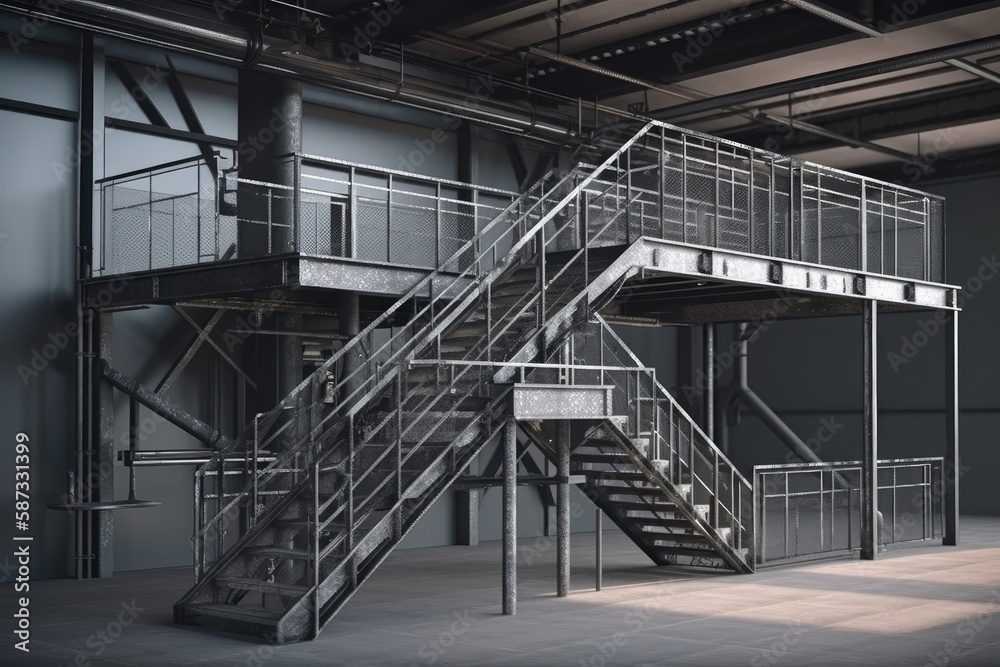 modern metal staircase in a spacious building. Generative AI