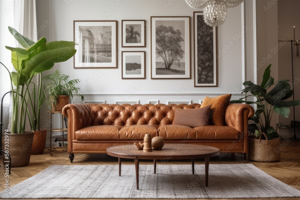 Copy space picture frame above couch in living room. Boho chic apartment with eco leather sofa and d