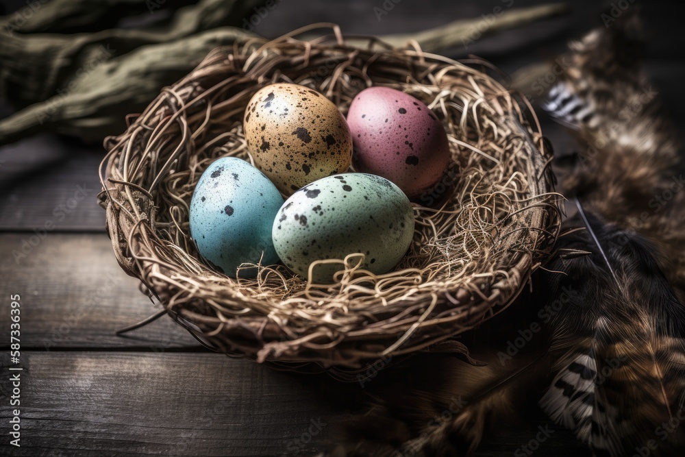 birds nest with eggs resting on a wooden table. Generative AI