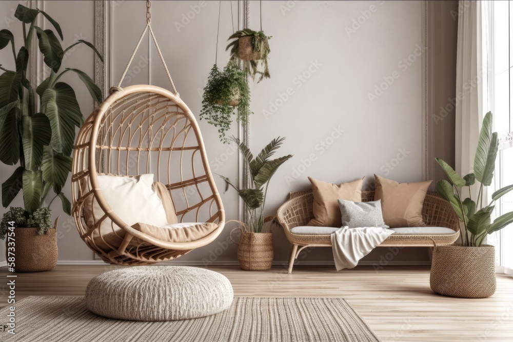 Boho living room with hanging chair. Generative AI