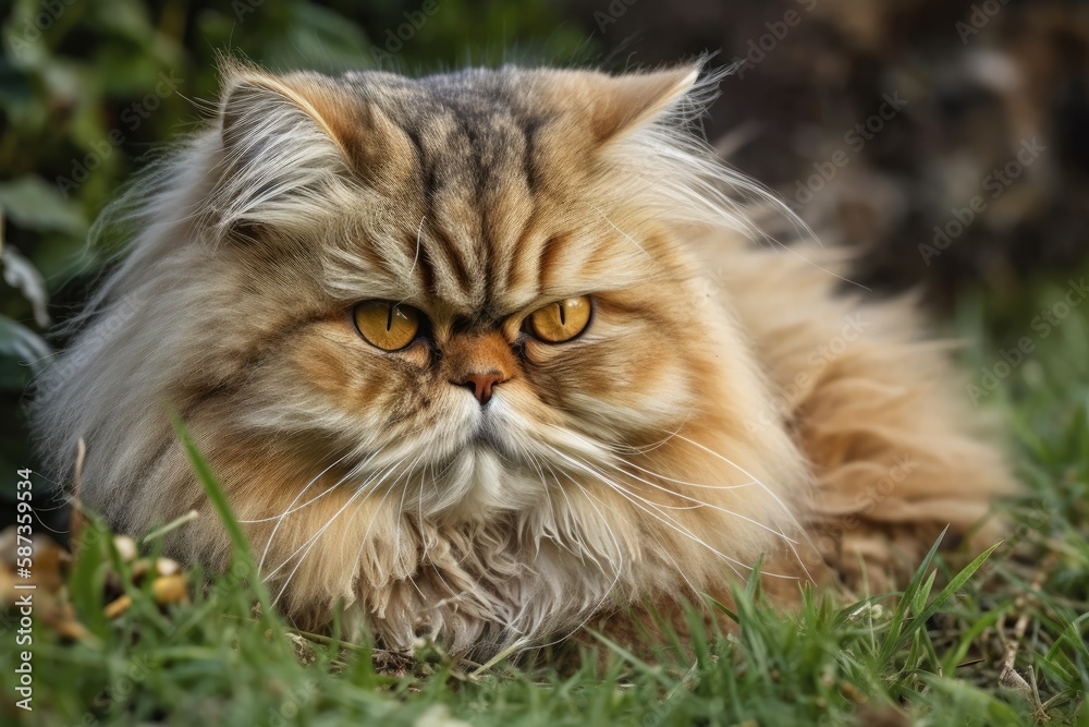 Persian cat lying down in the grass. Generative AI