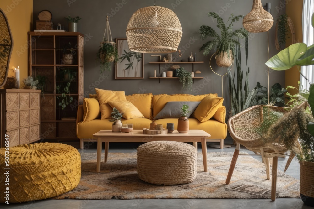 Gray couch, wooden cube, flowers, cushion, macrame, yellow pouf, rattan lamp, basket, plants, and st