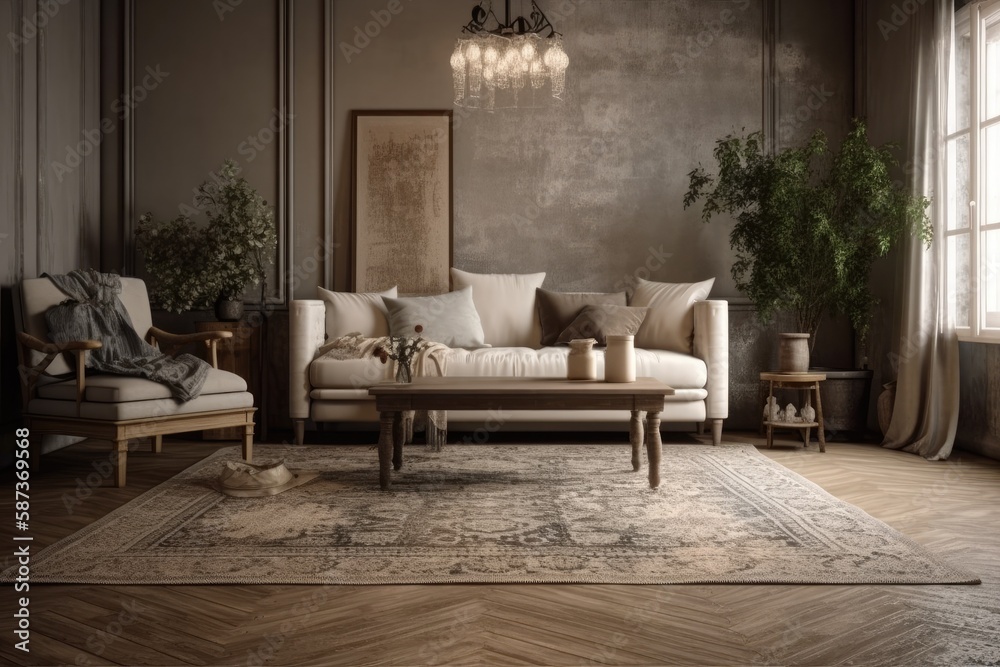 Dark and beige farmhouse living room model. Parquet, rattan, couch, wallpaper. Vintage decor,. Gener