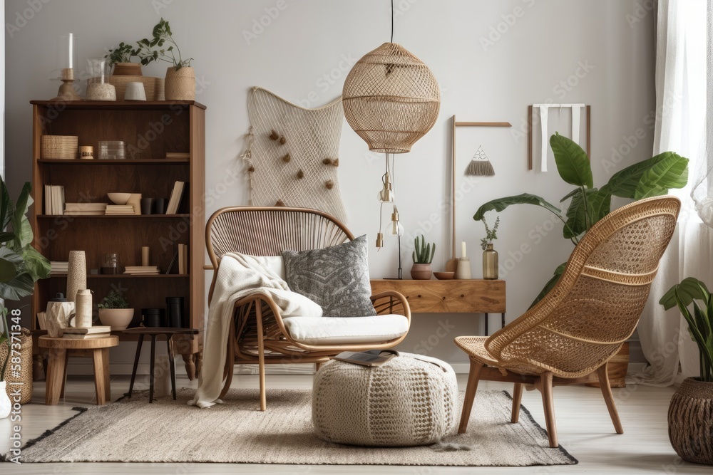 Modern living room with rattan armchair, plaid, macrame, wooden cube, book, flowers in vase, and exq