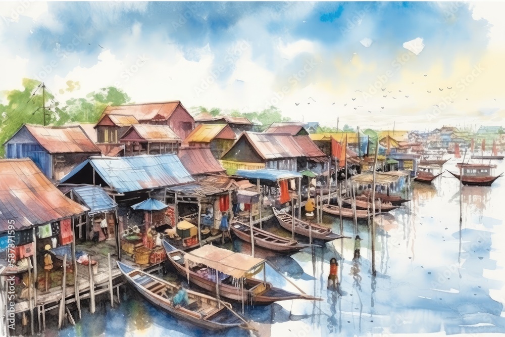 boats docked in a colorful harbor, created with watercolors. Generative AI