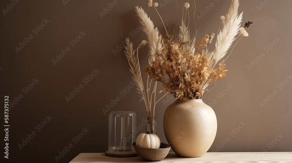 Dry flowers in vase. Illustration AI Generative.