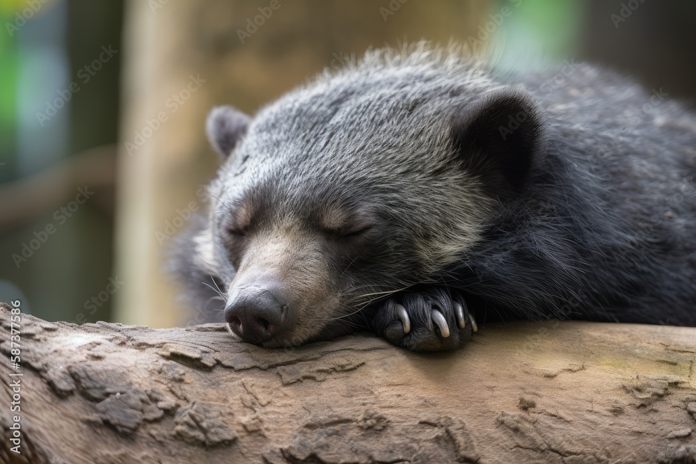 A sleeping binturong bear is depicted in closeup on a wood trunk. Generative AI