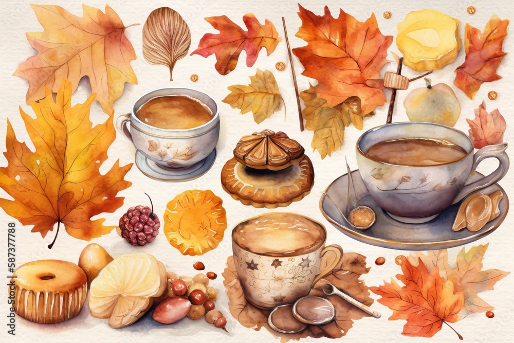 warm cup of coffee with autumn leaves. Generative AI