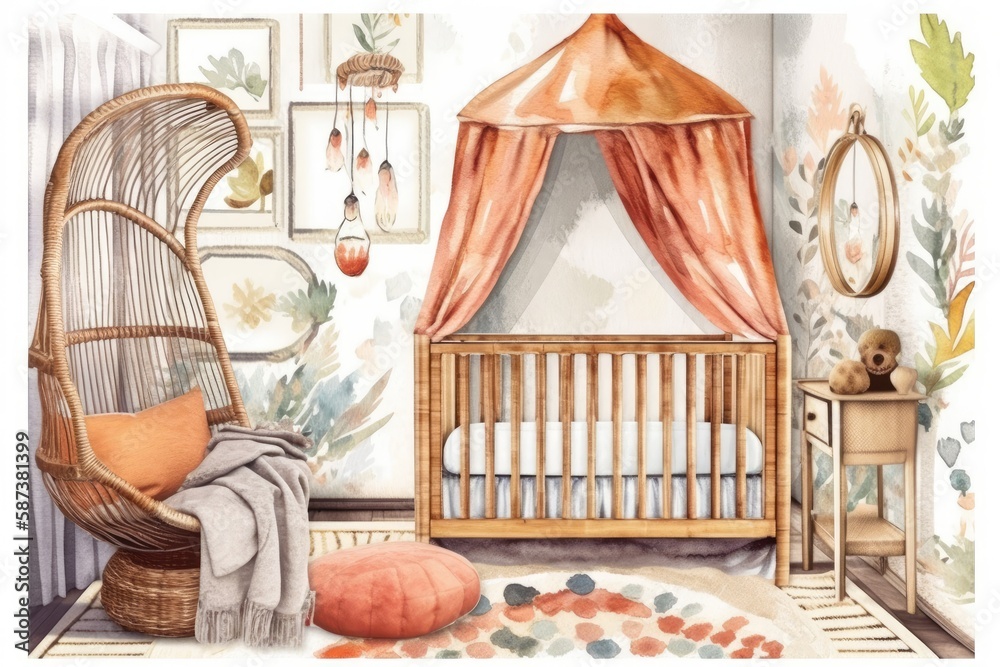 Boho style childrens furniture watercolor. Canopy, crib, carpet, and rattan mirror. Childrens room