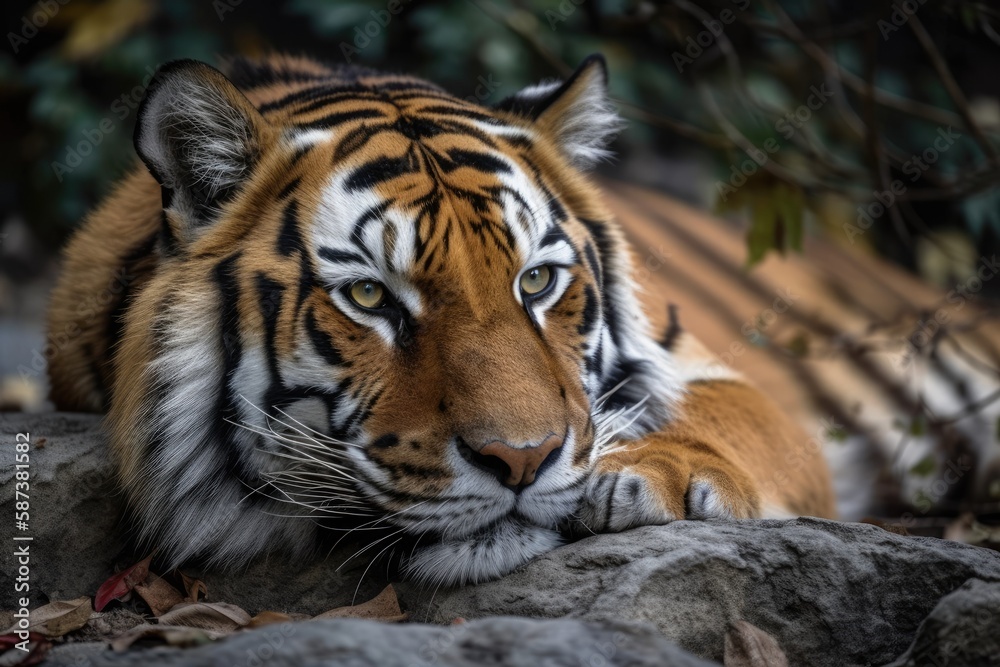 A large tiger is lying down and sleeping. The concept of animal life in the reserve park. Generative