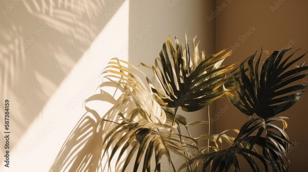 Palm leaves background with shadow. Illustration AI Generative.