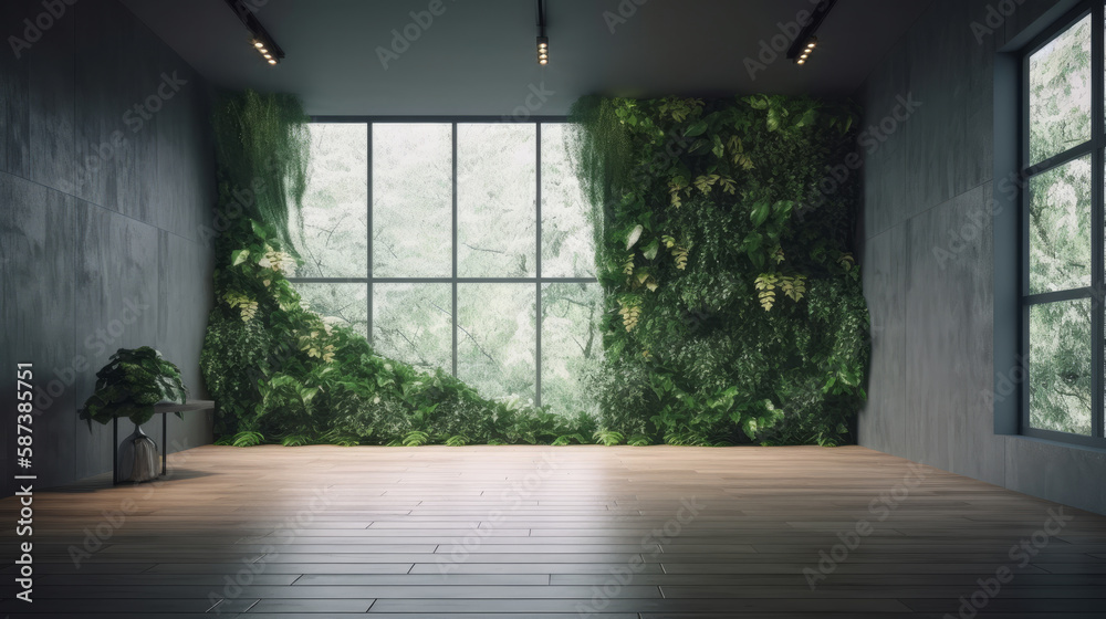 Empty background with wall and tropical leaves. Illustration AI Generative