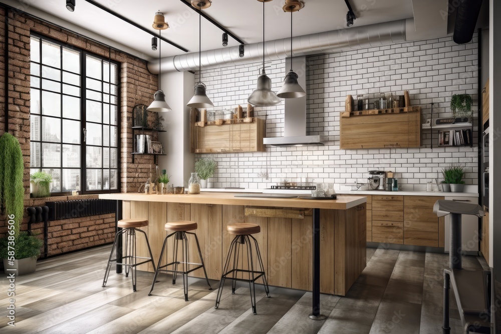 Interior of a contemporary kitchen with wooden counters, a concrete floor, and white brick walls. si