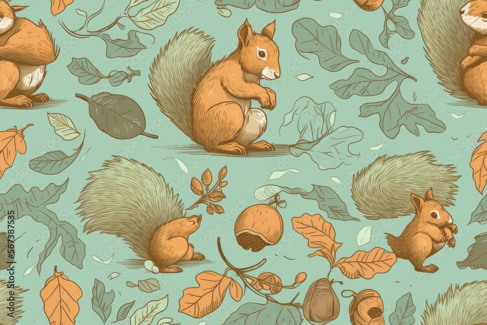 blue background with a repeated pattern of squirrels and acorns. Generative AI