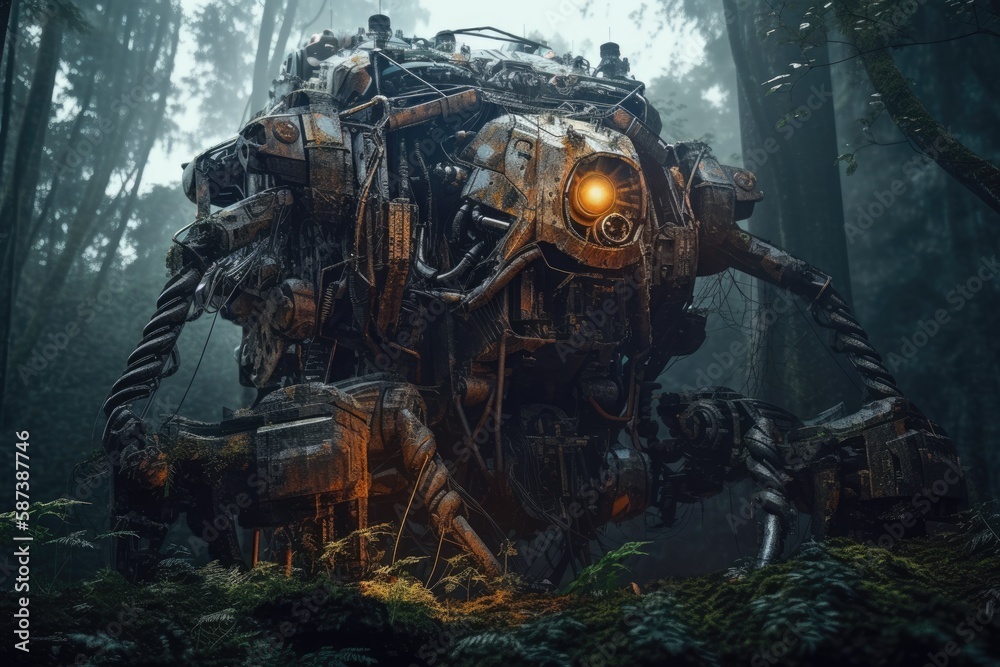 massive robot standing in a lush green forest. Generative AI