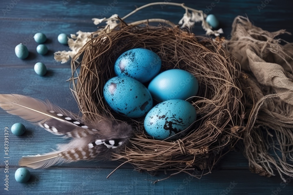 birds nest with blue eggs on a wooden table, surrounded by nature. Generative AI