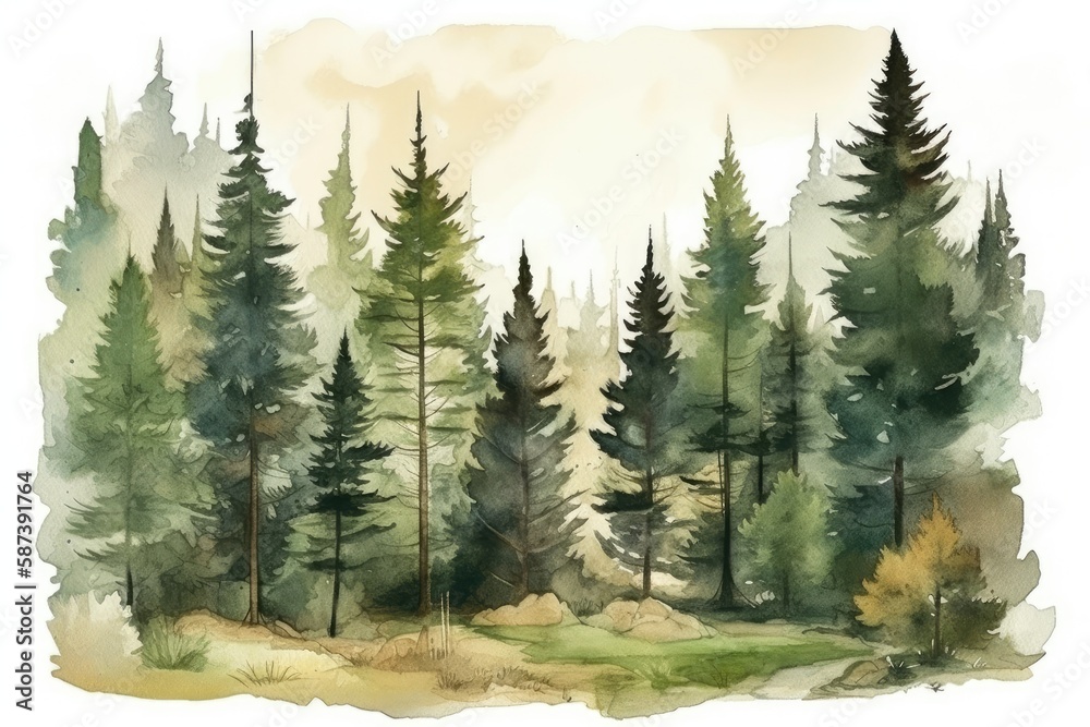 peaceful forest with tall trees and a flowing river in watercolor. Generative AI