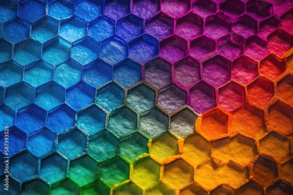 rainbow-colored hexagonal pattern in close-up view. Generative AI