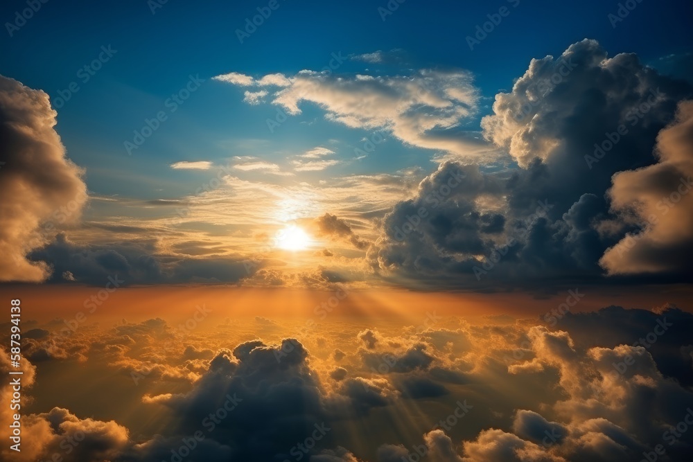 Enhancing Natures Beauty: A Colorful Cloudscape of Bright Sun Rays Casting a Warm Glow on the Horiz