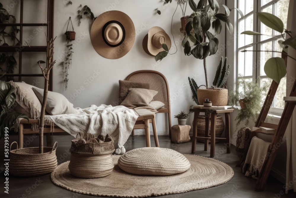 Peaceful boho room with warm interior, wicker chair, pillows, cushions, green plants in flower pot, 