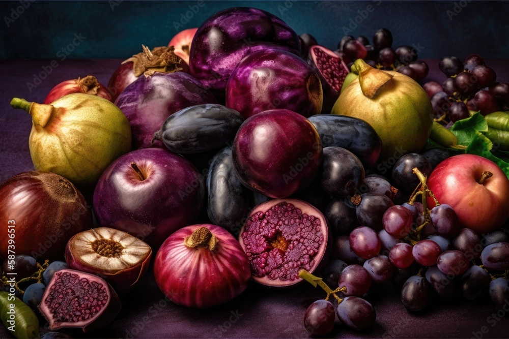 Mangosteen, onion, grapes, plum, blueberry, blackberry, dates, and eggplant are used in a creative l