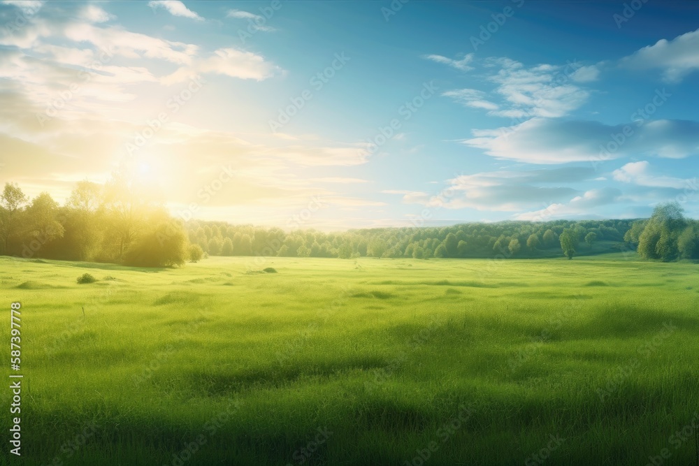 Background of a summer landscape with a green grass field and blue sky. Generative AI